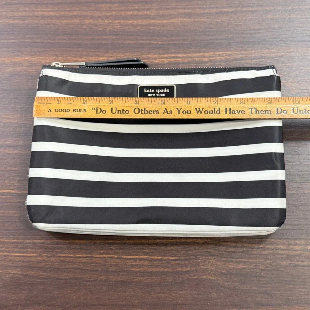 Kate Spade New York Striped Nylon Cosmetic Pouch Clutch Bag Black White Zip